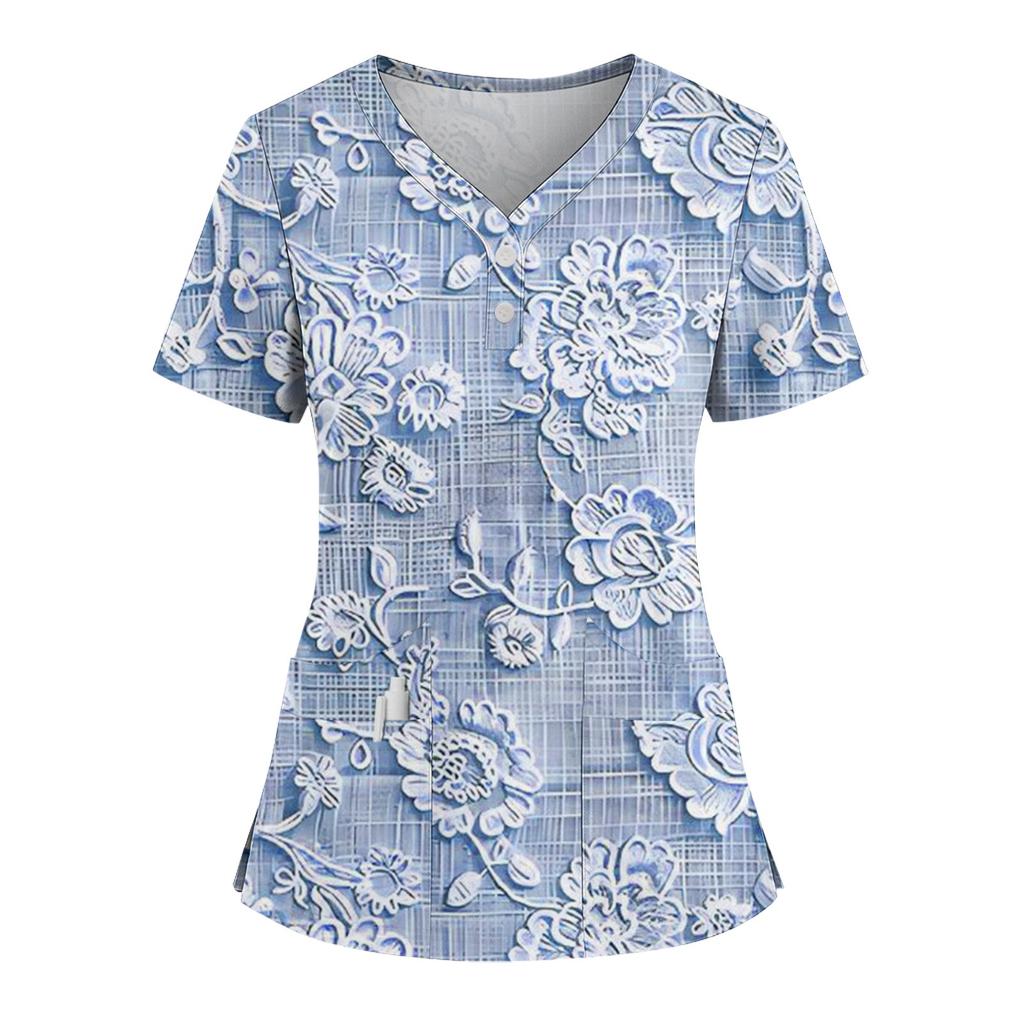 Женская свободная футболка с коротким рукавом, модным принтом цветов и растений, V-образным вырезом, застегивающаяся на пуговицы, с боковым разрезом