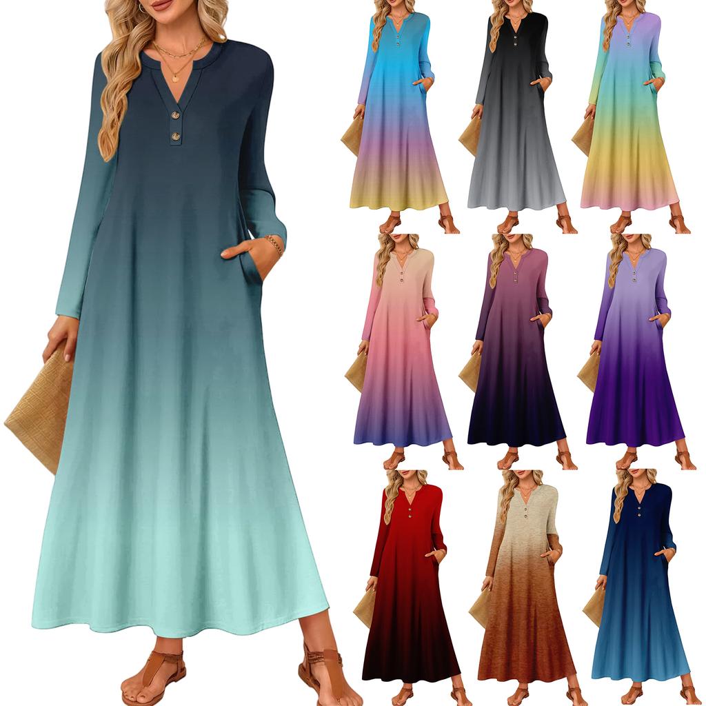 Women Gradient Print Long-sleeved Comfortable Loose Dress Elegant Dress