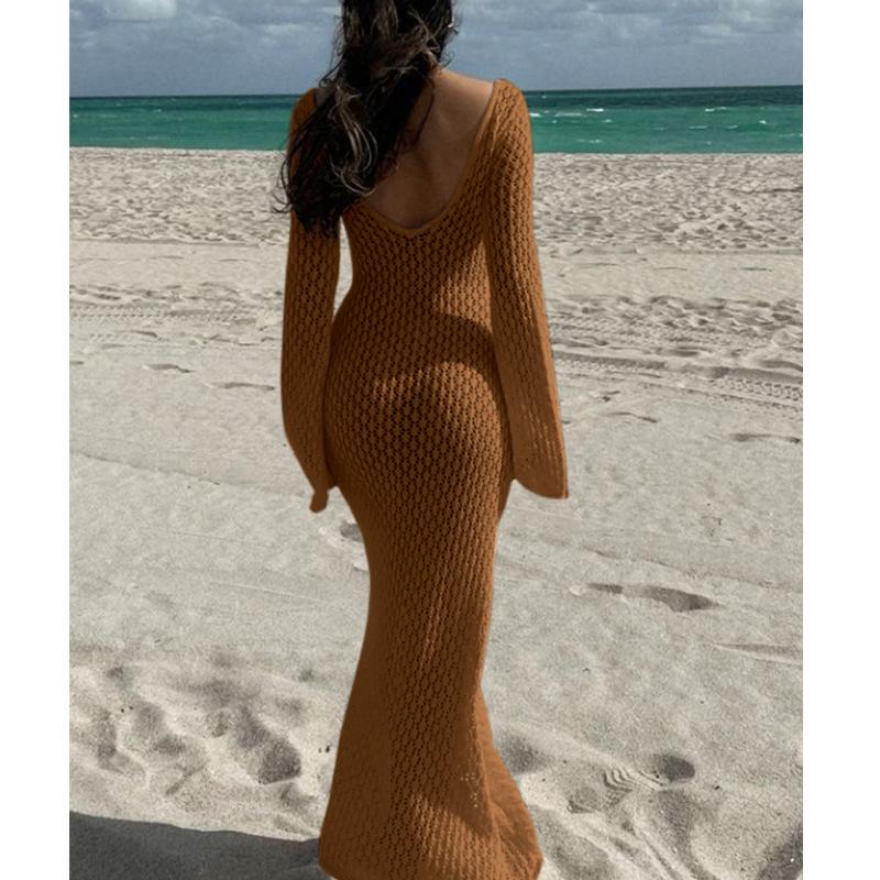 European-American V-Neck Hollow Texture Long-Sleeve Beach Dress