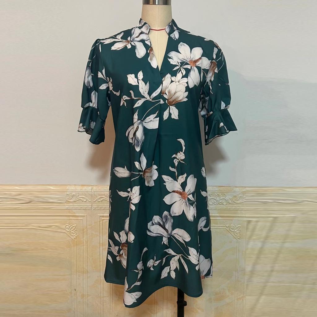 Женское платье с объемными рукавами и гавайским принтом, V-образным вырезом и принтом