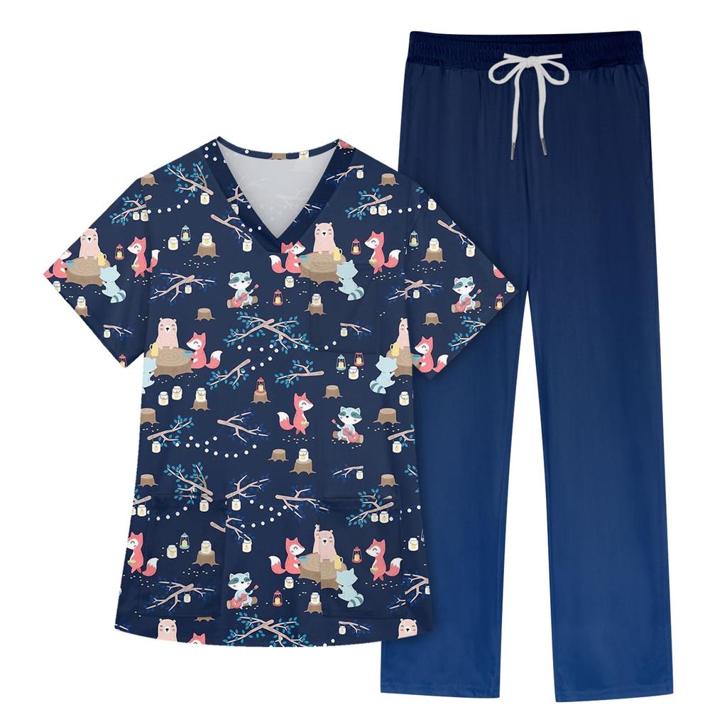 Women's Short Sleeve V Neck Animal Print Chest Pocket Work Top Elastic Waist Pants Two Piece Work Set