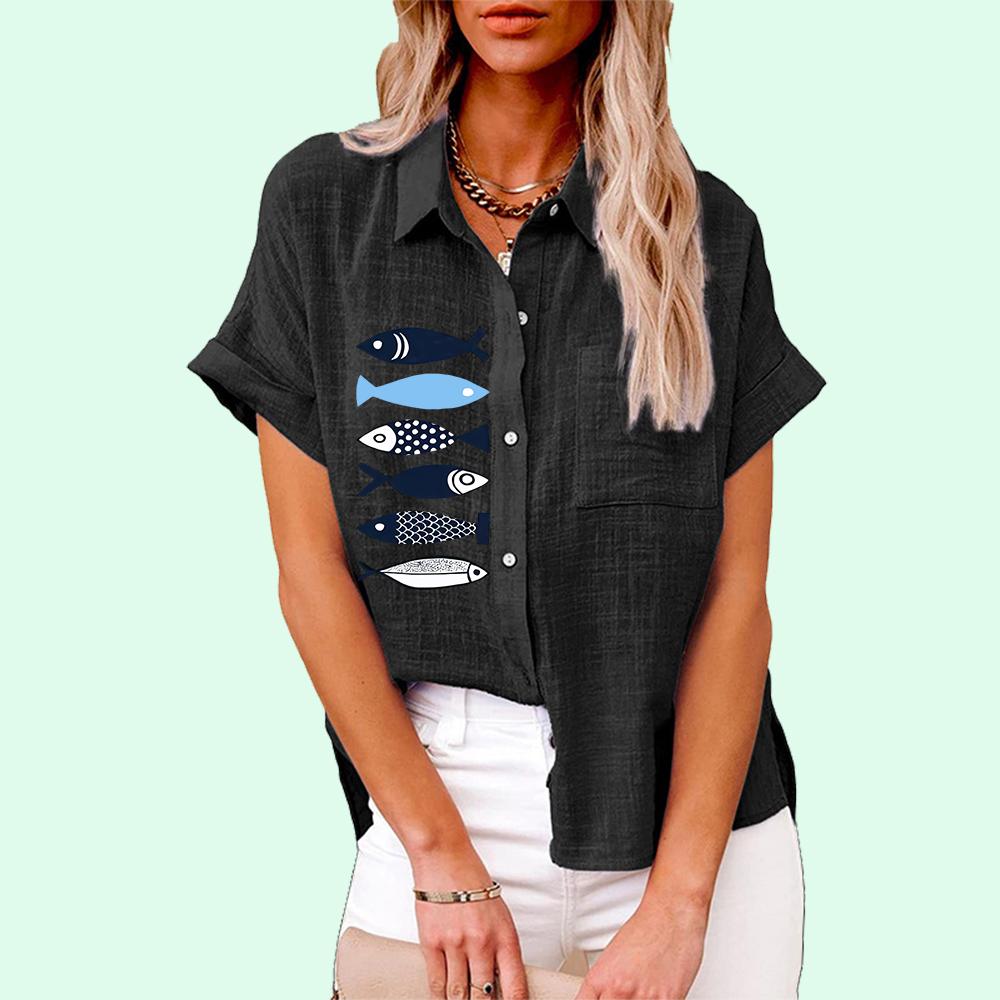 Большие размеры Женская модная блузка с принтом Свободная рубашка с коротким рукавом на пуговицах Женская повседневная льняная футболка Женская