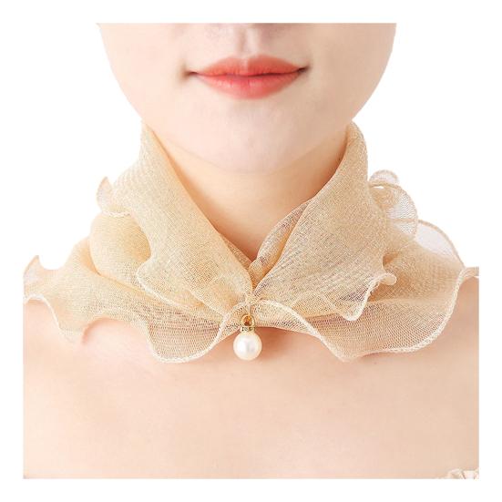 Faux Silk Scarf Lightweight Mesh Soft Shiny Touch Edge-covered Design Scarf with Faux Pearl Decor Neck Decoration