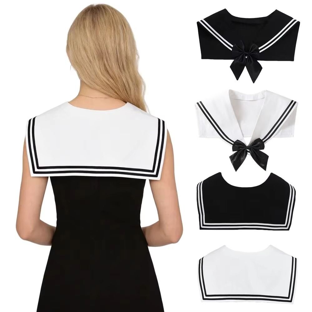 White Striped Sailor Fake Collar Cape Bow Tie Retro Blouse False Collars Clothes Decoration