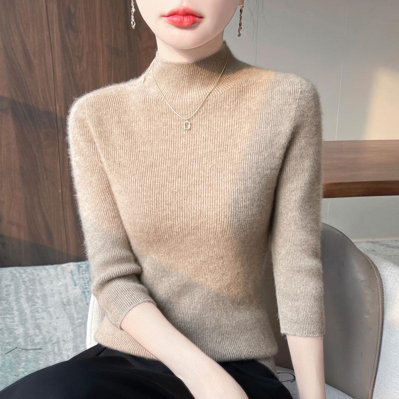 New Spring and Summer Half-high Neck Short-sleeved Sweater for Women's Fashionable Base Shirt with A 7-quarter Sleeve Sweater Slim-fit Body