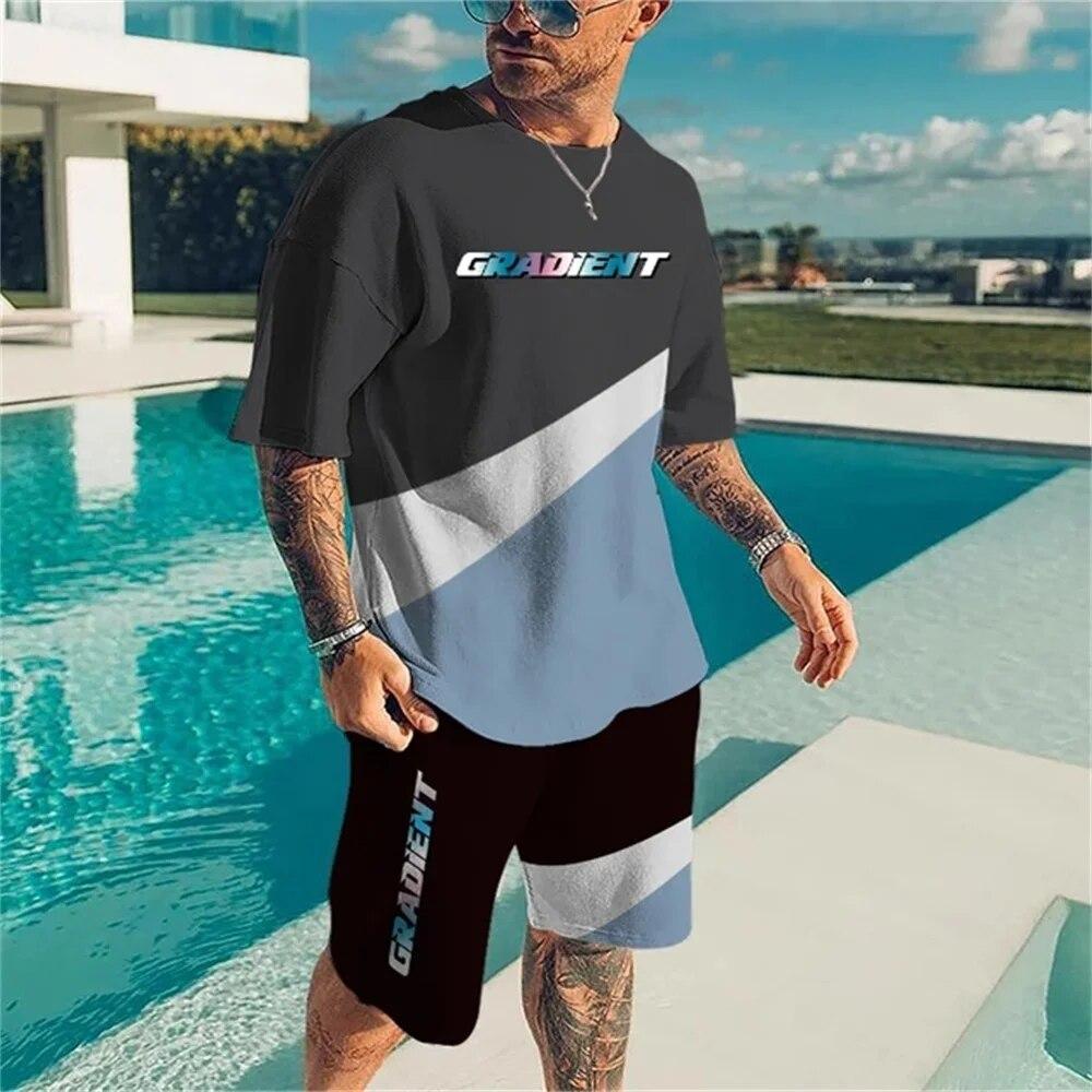 Summer New Men's Sportswear Patchwork Color Printing O-Neck T-Shirt 2-Piece Set Fashion Oversized Men's Tracksuits Casual Clothe