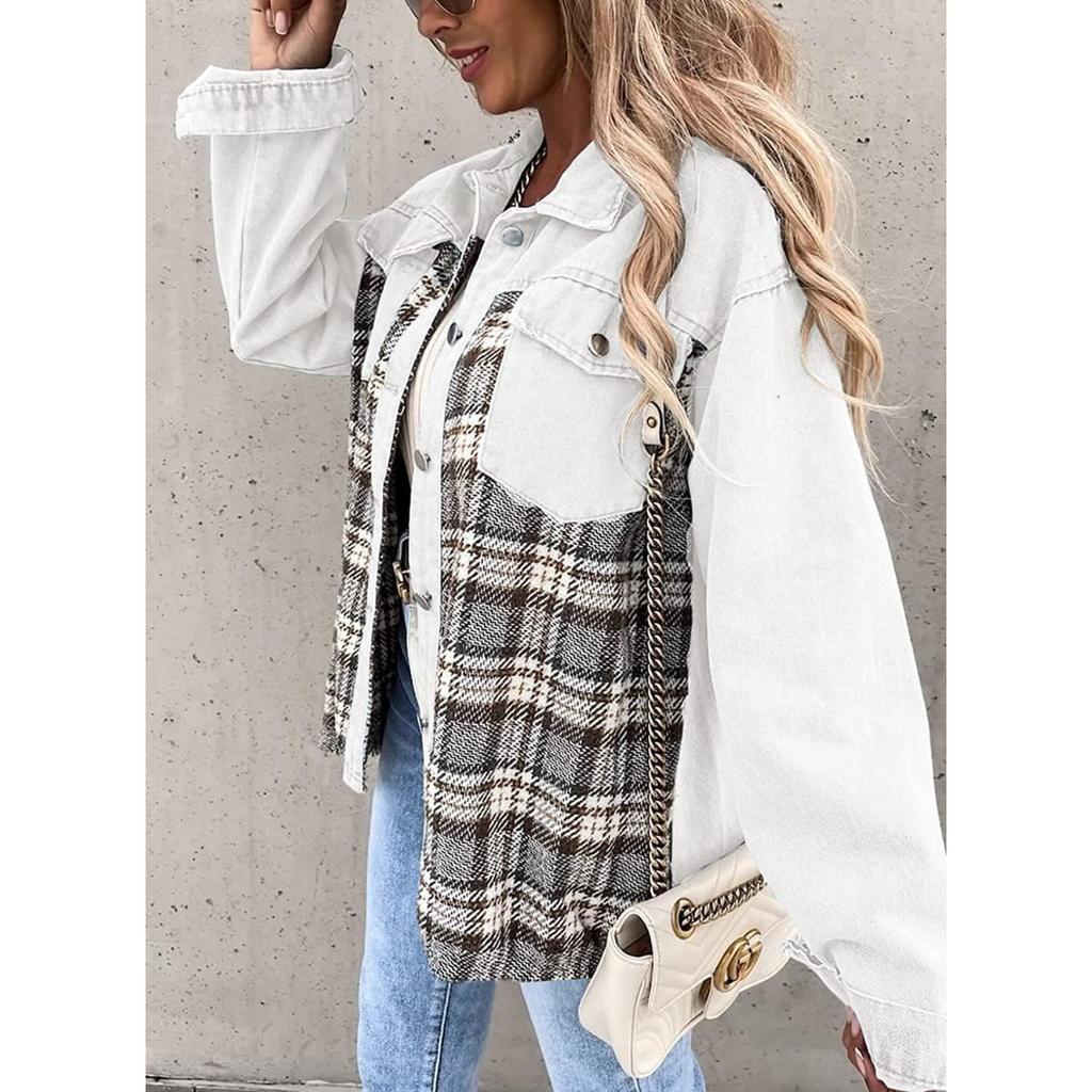 Denim Jacket, Long Sleeved, Checkered, Button Up, Shirt, Jacket Top