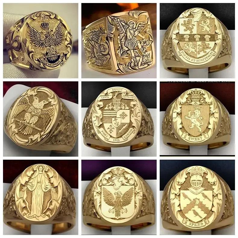 Luxury Gold Plated Coat of Arms Sweet Signet Engraved Rings for Men Women Hip Hop Dance Party Court Style Ring Jewelry Gift