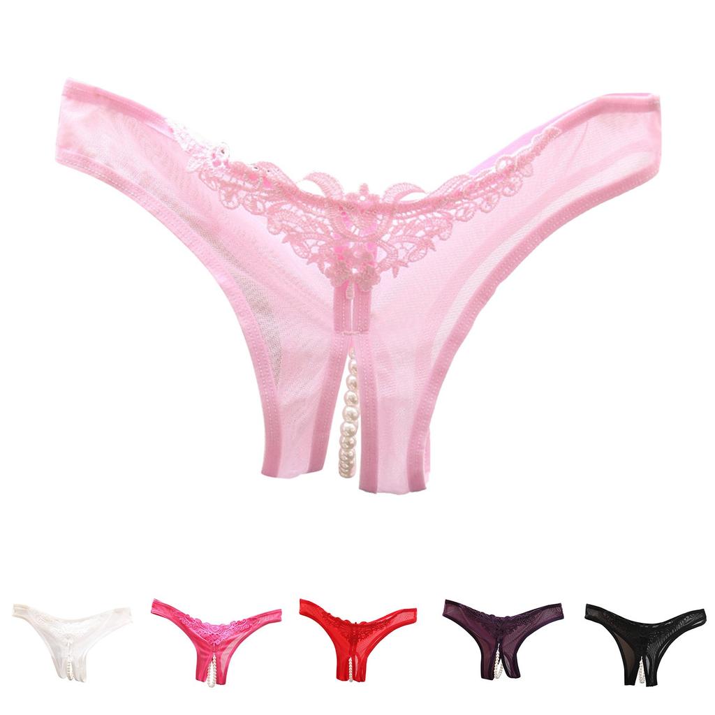 Sexy Hollow Out Crotchless Panties For Women Pearl Low Waist Lace Sheer Mesh Underwear Transparent Beaded Embroidered Thongs
