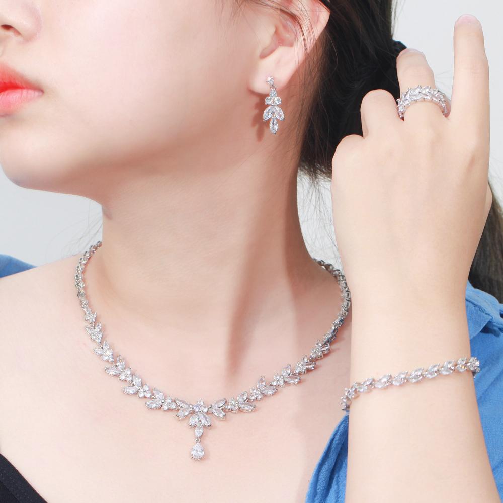 4 шт. Изящные Наборы Ювелирных Изделий в Дубайском Стиле с Кубическим Цирконием в Форме Листьев Серьги-Подвески Ожерелье Браслет Кольцо Женские Роскошные Свадебные