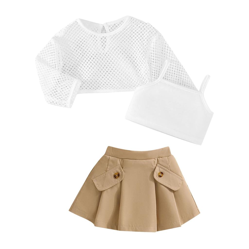 Летний комплект из трех предметов для девочек: сетчатый топ с длинными рукавами, короткая жилетка, плиссированная юбка на бретелях