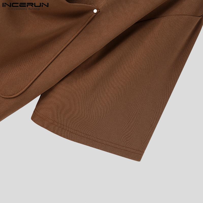 INCERUN Мужская дизайнерская простая однотонная футболка с короткими рукавами и большим карманом