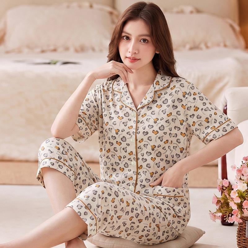 ins peach pajamas women's summer new imitation cotton short-sleeved cropped pants middle-aged mother's loungewear