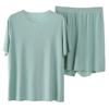 2Pcs/Set Men Loungewear O-Neck Short Sleeve Tops Elastic Waist Wide Leg Shorts Set Solid Color Ice Silk Homewear Seamless Pajama Set