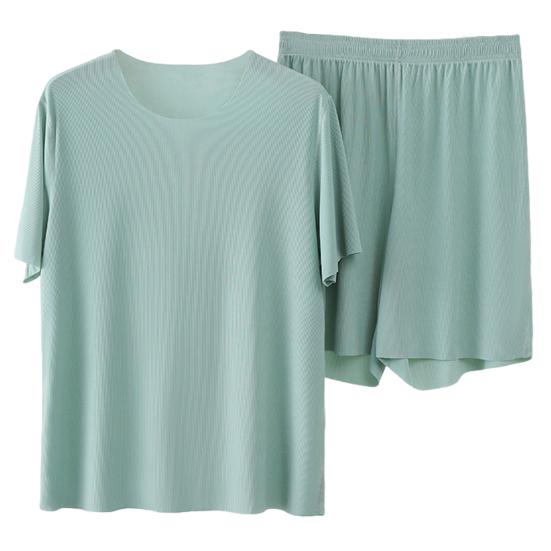 2Pcs/Set Men Loungewear O-Neck Short Sleeve Tops Elastic Waist Wide Leg Shorts Set Solid Color Ice Silk Homewear Seamless Pajama Set