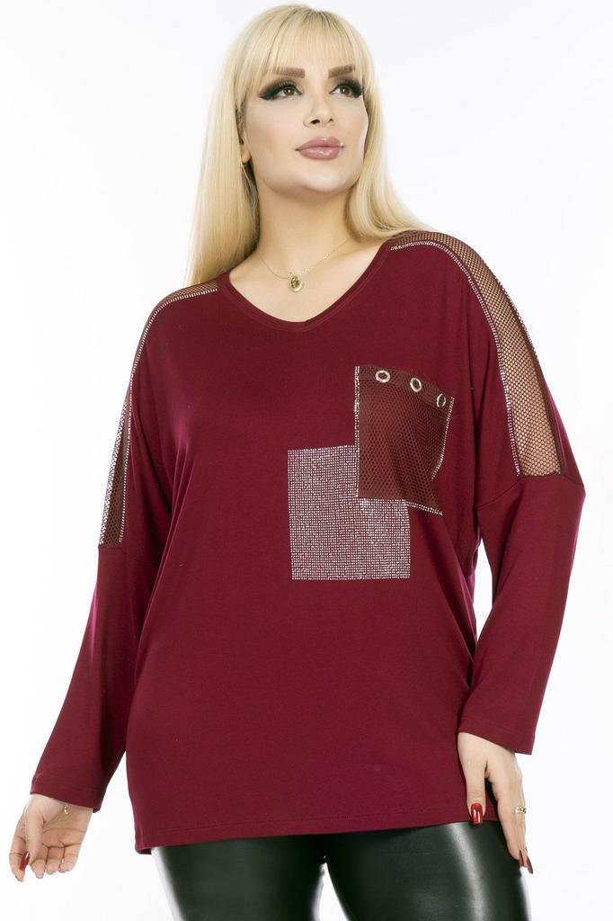 Женская блузка большого размера с v-образным вырезом, карманами и рукавами, сетчатая деталь, каменная вышивка, длинный рукав, удобная и струящаяся гибкая блузка