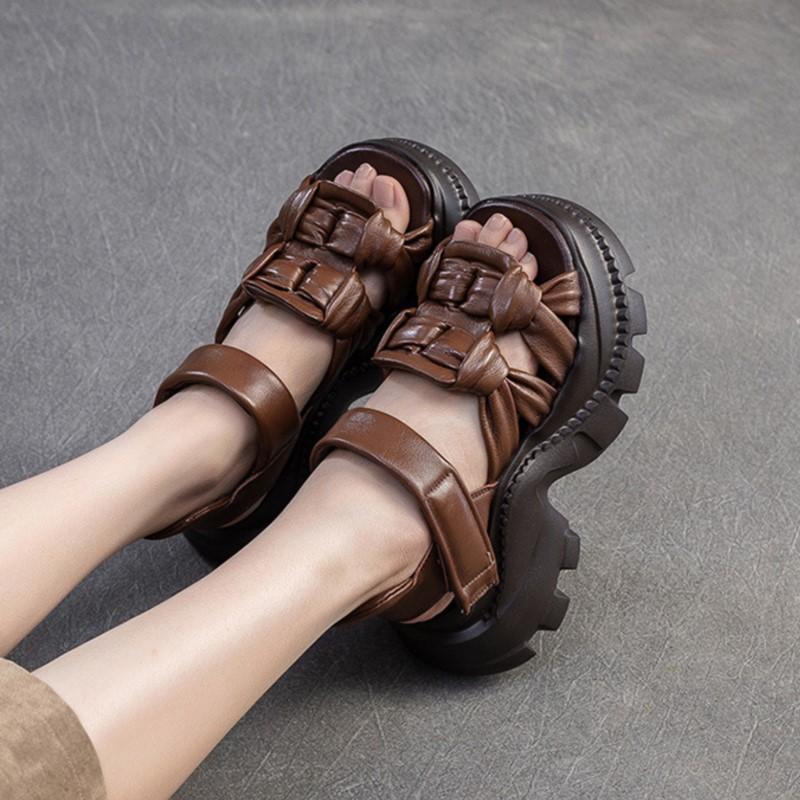 Johnature Дышащие сандалии с открытым носком из натуральной кожи ручной работы, ретро, для通勤, женская обувь на платформе