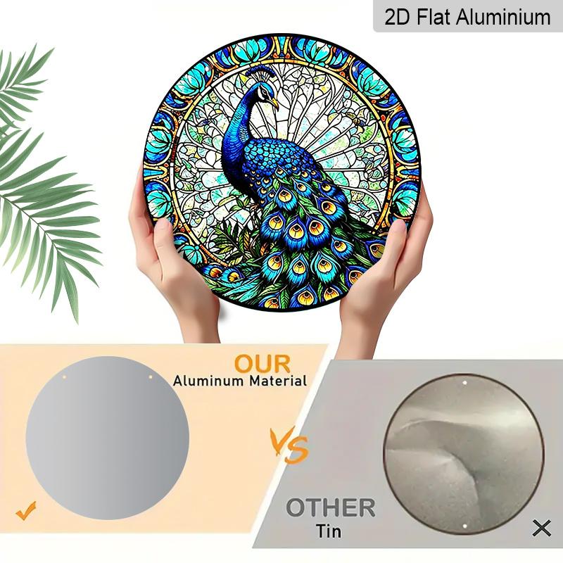 2D Flat, Vintage Stained Glass Style Peacock Round Aluminum Wall Decoration, Available in Various Sizes. Vintage Dessert Style Wall Decoration