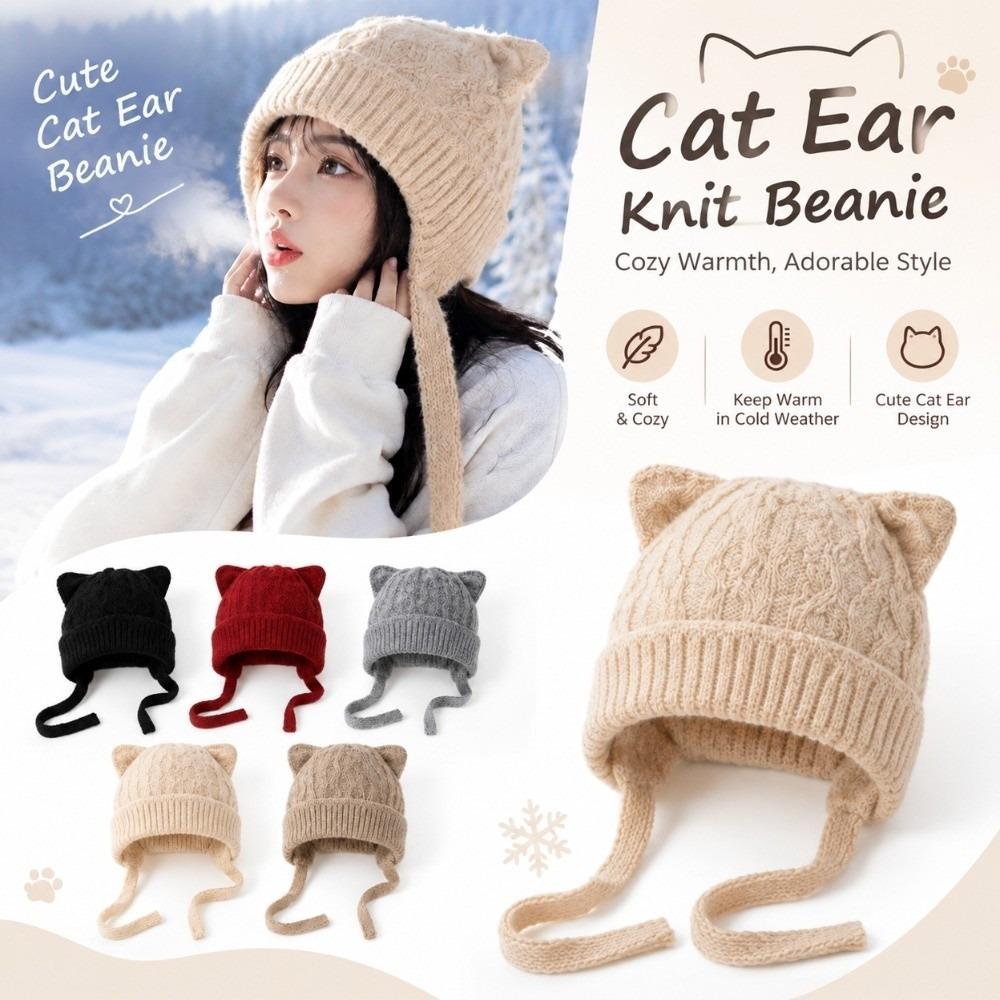 Warm Knitted Cat Ear Knit Hat 3D Cat Ear Head Cover Durable Soft Beanie Winter Commuting