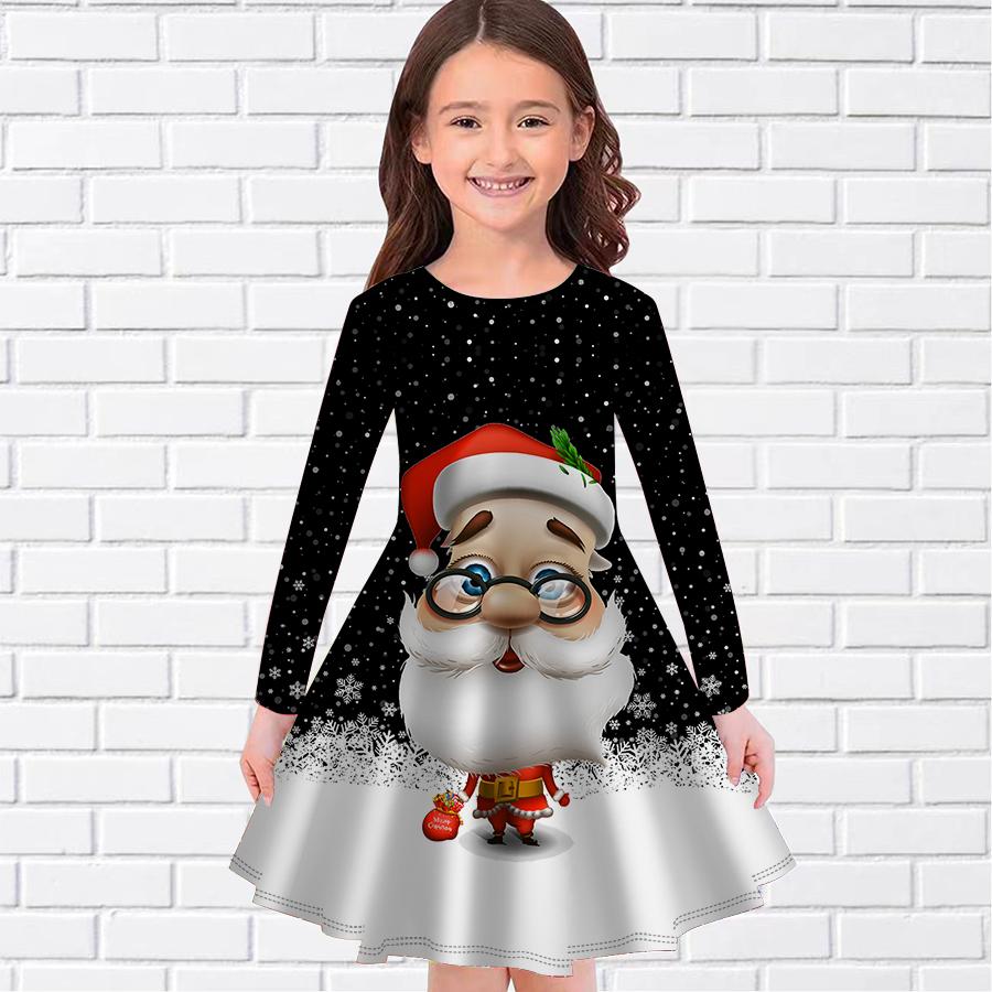 Повседневное платье для девочек с принтом Санта-Клауса и круглым вырезом, с длинными рукавами, детское платье принцессы