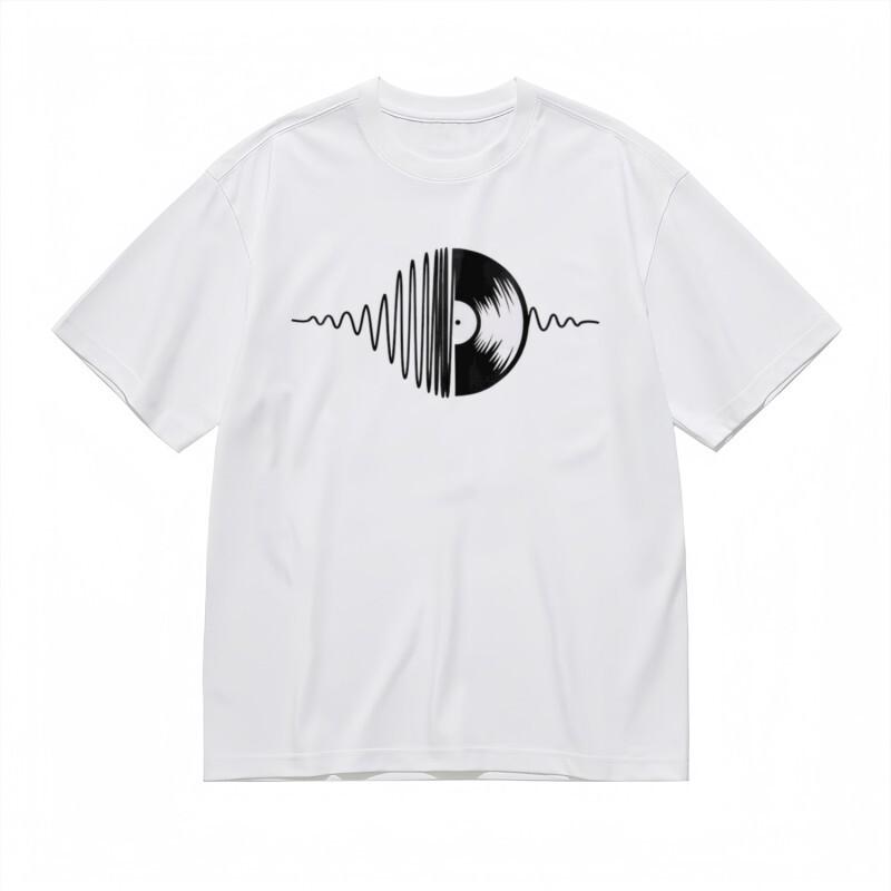 Men's T-shirt With Retro Vinyl and Soundwave Graphic White 100% Cotton Tops Summer