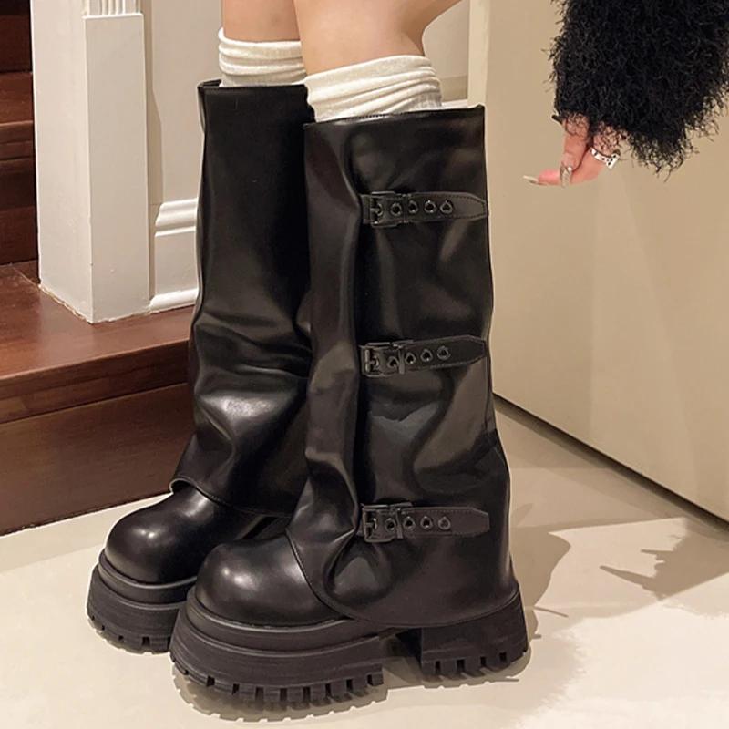 Женские высокие сапоги на платформе, кожаные туфли на плоской подошве, высокие сапоги до колена, женская тенденция 2025 года, зимние модные дизайнерские готические мотоциклетные сапоги Mujer