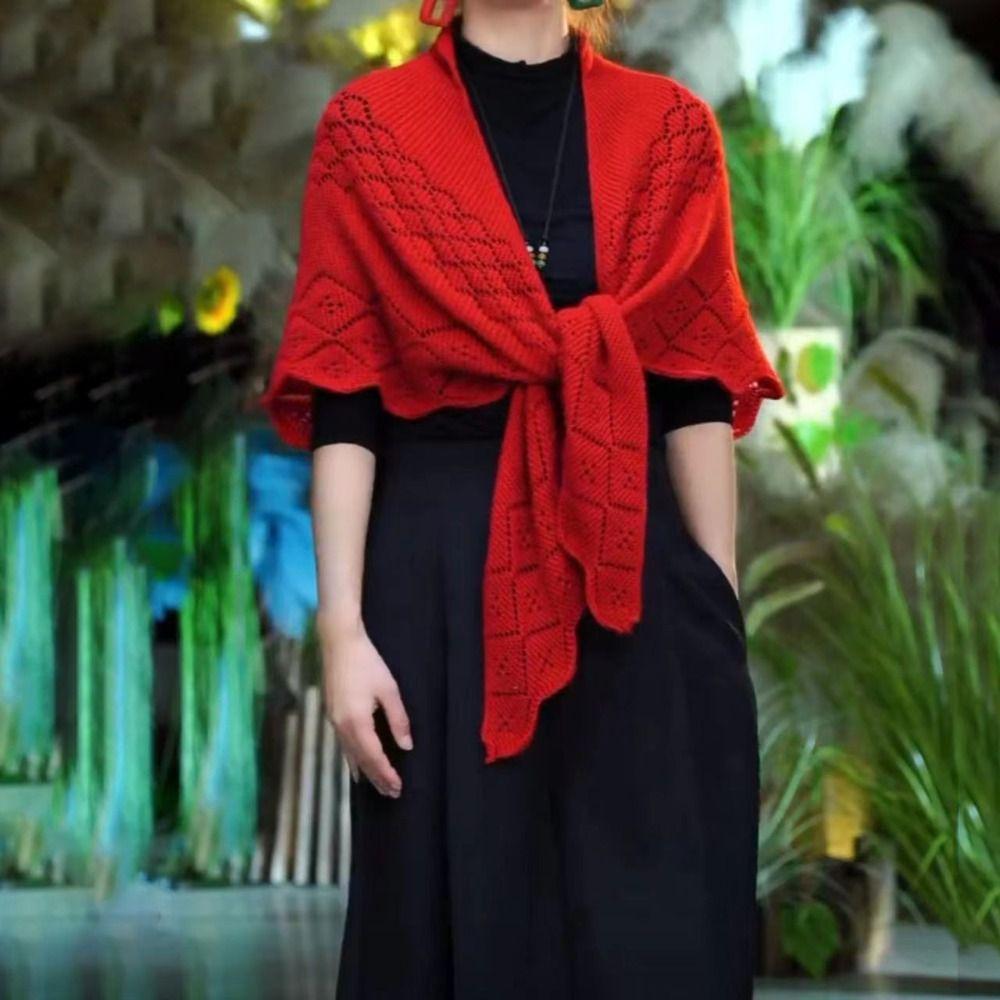 Полый вязаный платок Простой тонкий верхний слой Пальто Тренд Треугольный шарф Шаль Весна Осень