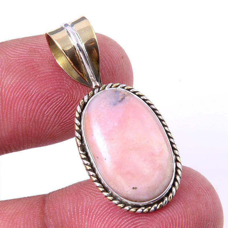 Natural Pink Opal Gemstone 925 Solid Sterling Silver Two Tone Pendant 1.25" K6a88