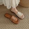 Vintage Roman Shoes Women's One-character Cool Slippers Women's 2025 Summer Outer Wear Flat-soled Microfiber Soft Leather Slippers Women