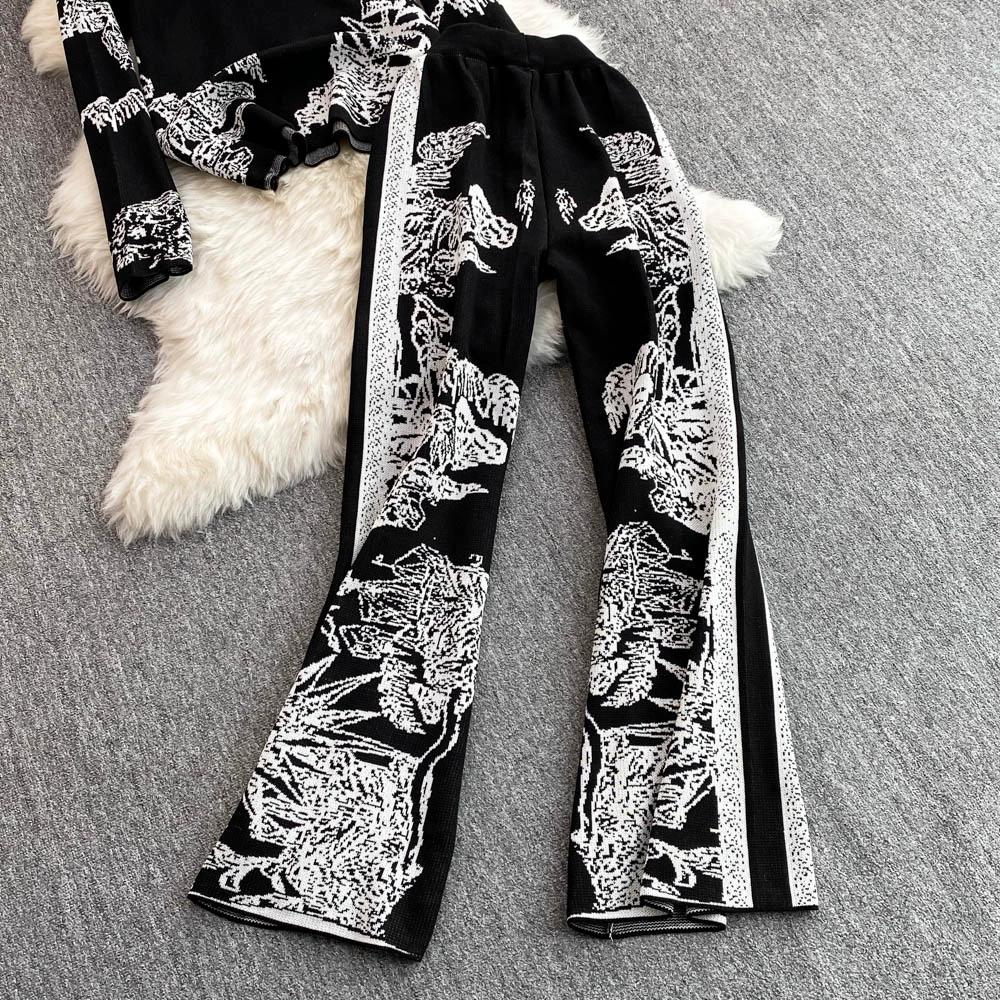 Осенне-зимний элегантный женский комплект одежды для отдыха из 2 предметов, трикотажные брюки, дизайнерский винтажный вязаный свитер с цветочным принтом