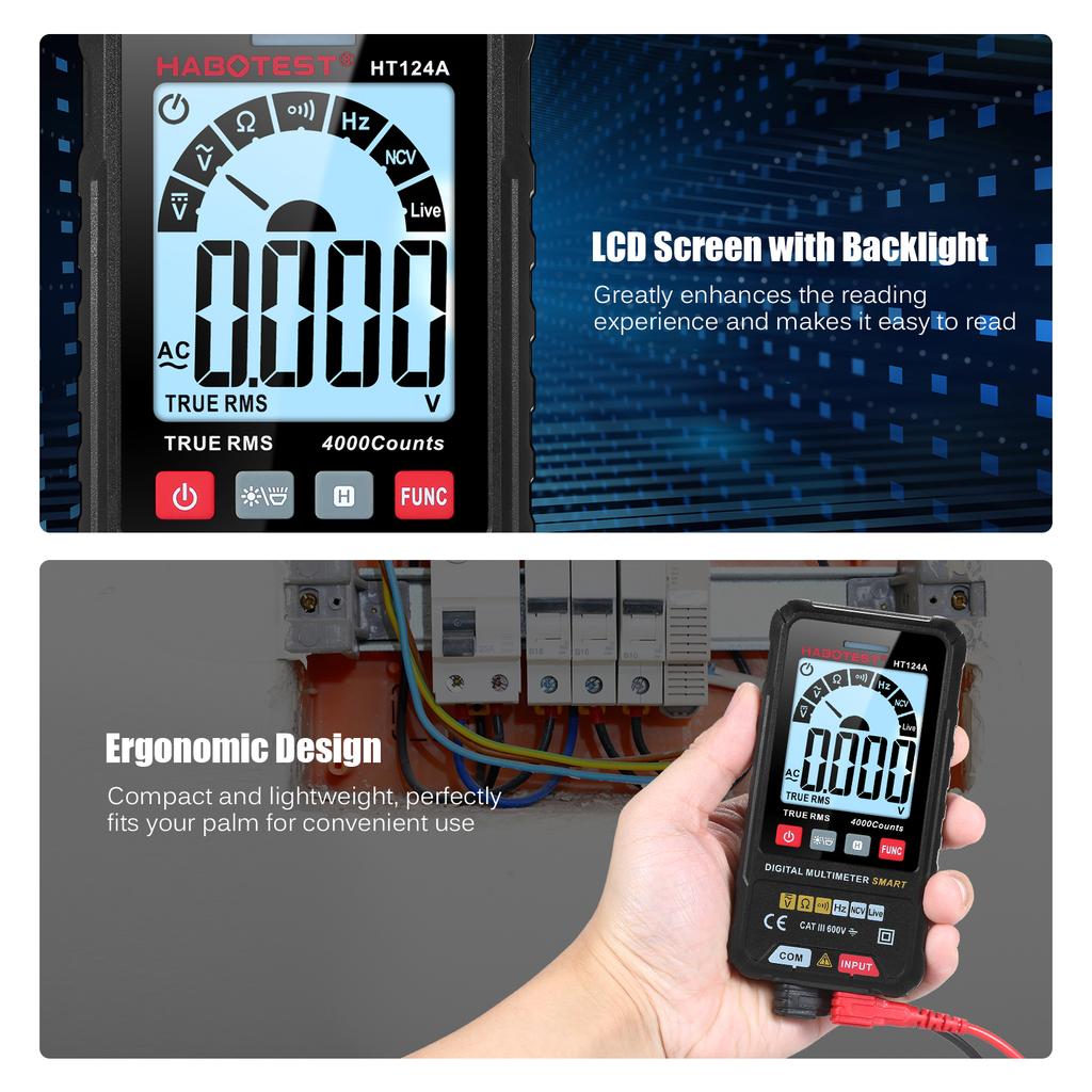 HABOTEST HT124B Умный цифровой мультиметр 4000 отсчетов True   Автоматический выбор диапазона Вольтметр с подсветкой ЖК-экрана 600В AC   Вольтметр Электрический тест