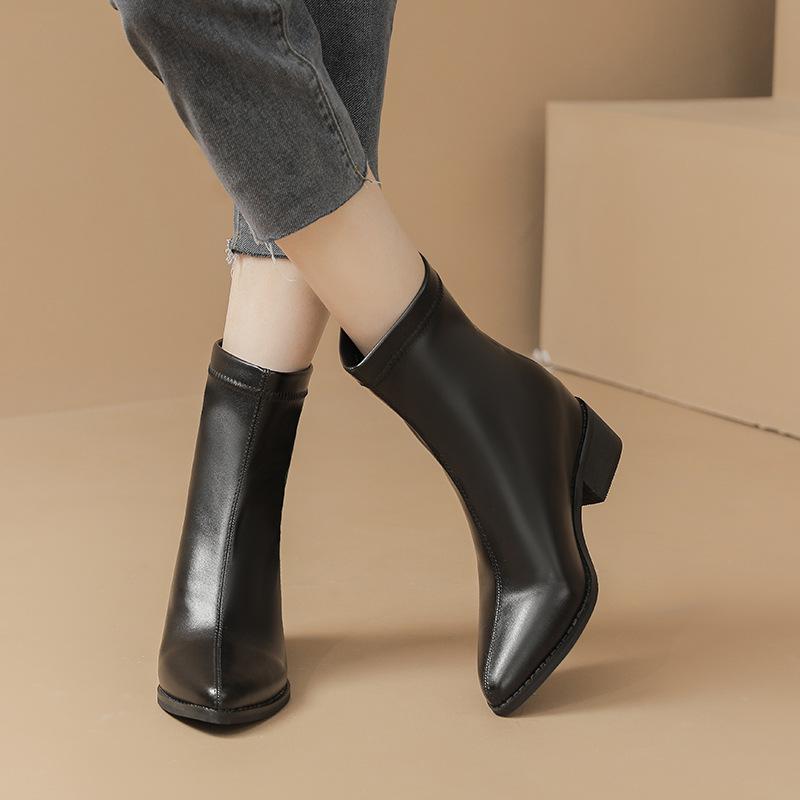 Fashion Fashion Soft Leather Women Ankle Boots High Heels Zipper Shoes Warm Winter Boots Women Pointed Toe Plus Size Short Boots 31-40
