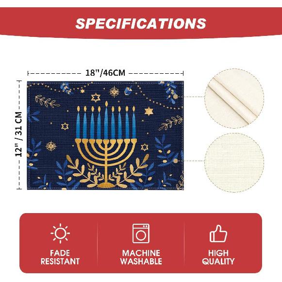Artoid Mode Menorah Star Olives Hanukkah Placemats Set of 4, 12x18 Inch Chanukah Holiday Table Mats for Party Kitchen Dining Decoration