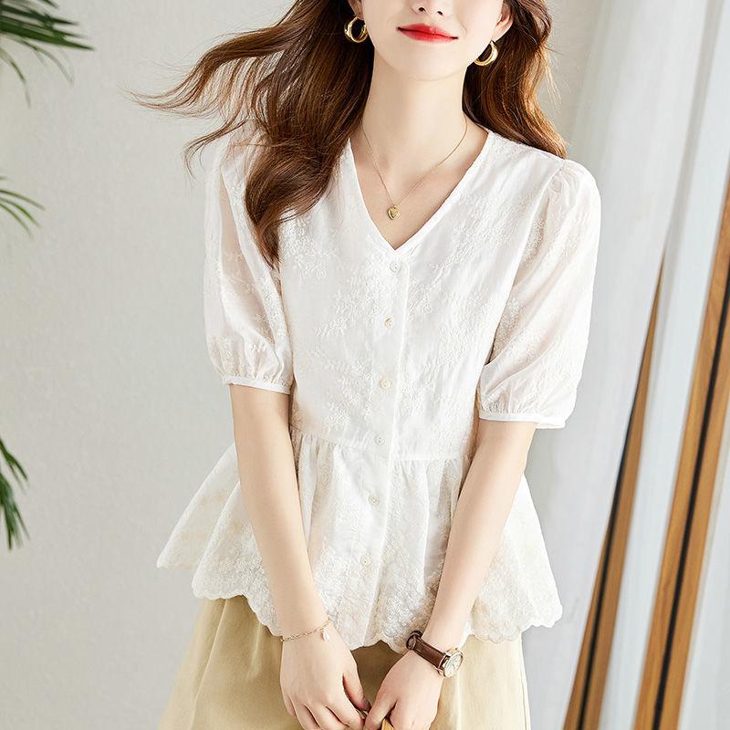 Абрикосовая вышитая рубашка для женщин с рукавом три четверти, летняя новинка, вышитый маленький топ, V-образный вырез, маленькая рубашка