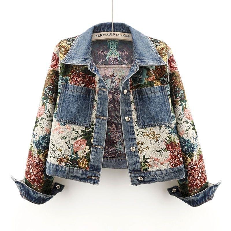 2024 New Versatile Printing Splicing Long-sleeved Lapel Denim Jacket Women's Trendy Brand Short Small Top Jacket