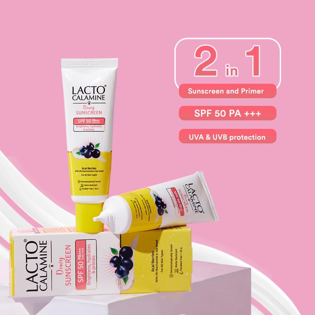 Lacto Calamine Увлажняющий солнцезащитный крем Ягоды асаи, Ниацинамид и Арбуз SPF 50 PA+++ 50г x 2 Водостойкий Без белых следов UVA UVB