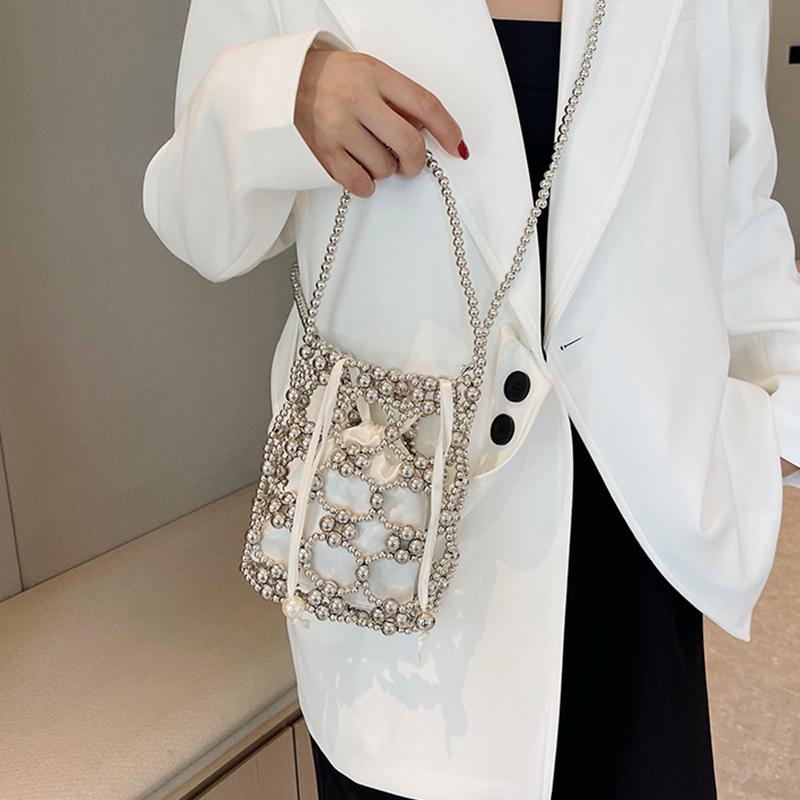Yogodlns Белые бисерные сумки-ведра через плечо и через плечо Изысканное чувство роскоши Свежие вечерние сумки для женщин Мода