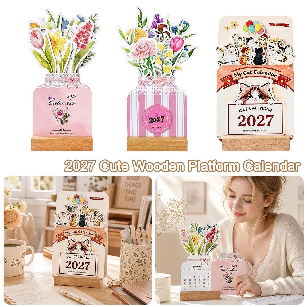 Paper 2027 Desk Calendar Floral Artwork Monthly Wooden Stand Calendar Wooden Base Home Office Calendar Home Office Decorative