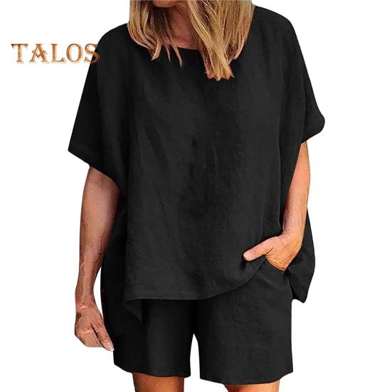 Women's Cotton Linen 2-Piece Outfit Short Sleeve Crewneck Pullover Top And Shorts Set with Pockets Summer Casual Loungewear Tracksuit
