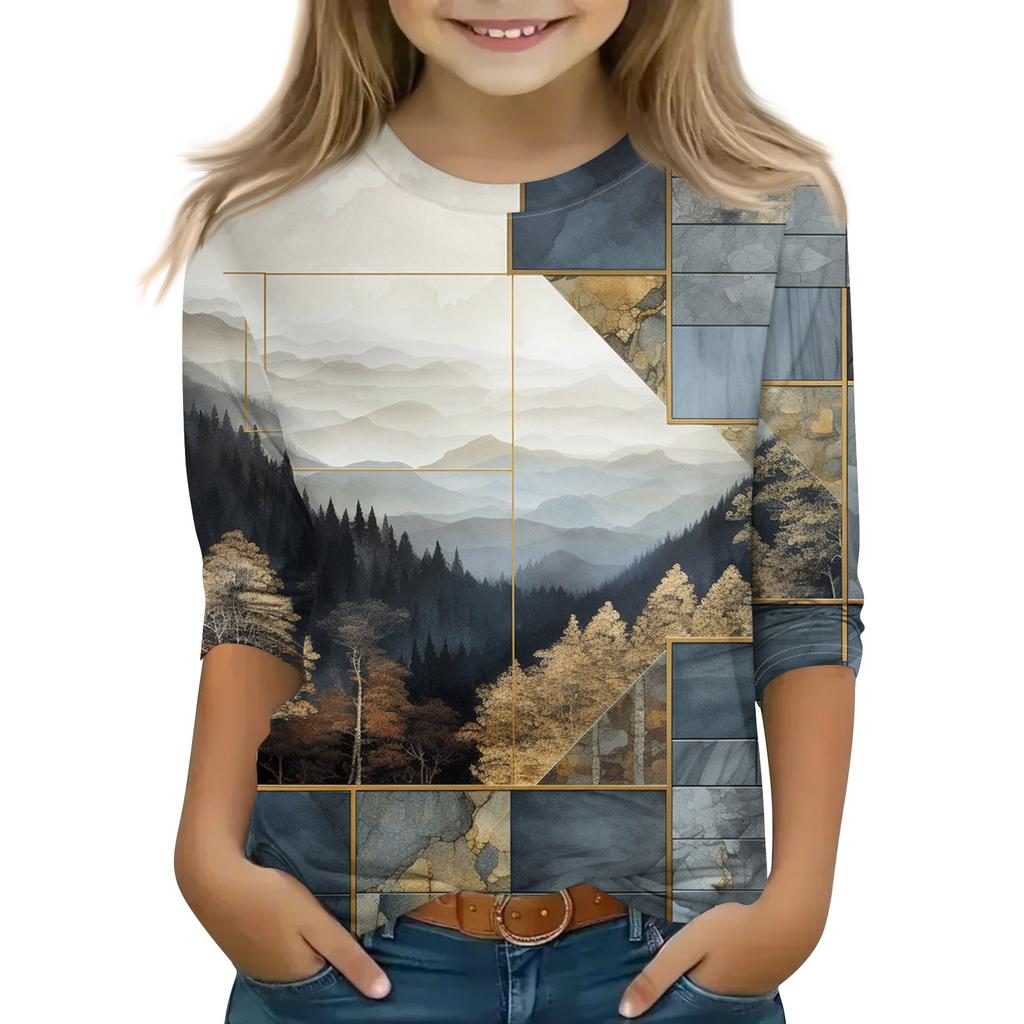 Топы с принтом для девочек 5-16 лет с круглым вырезом и рукавами 3/4 Футболки Модные топы Наряды Футболки