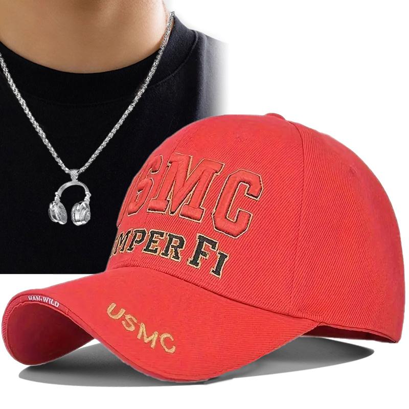 2Pcs Men's Baseball Cap Necklace Set Letter Embroidery Duck Tongue Cap Mesh Trucker Sun Shade Hat Mesh Cap Locket Necklace Couple Fashion Casual Hat