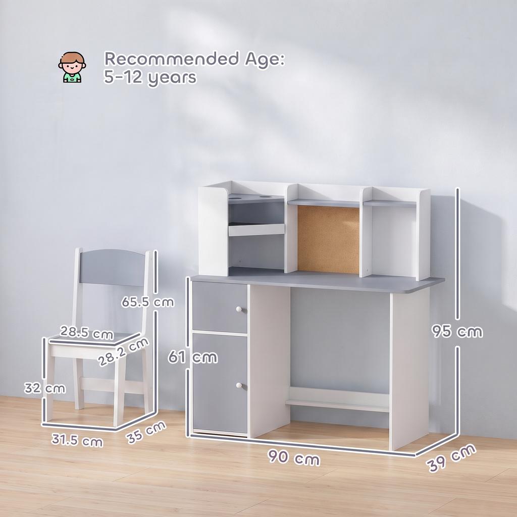 Kids Desk and Chair Set Storage Shelves Kids Desk Adjustable Tablet Stand Cork Board Pen Holder Grey