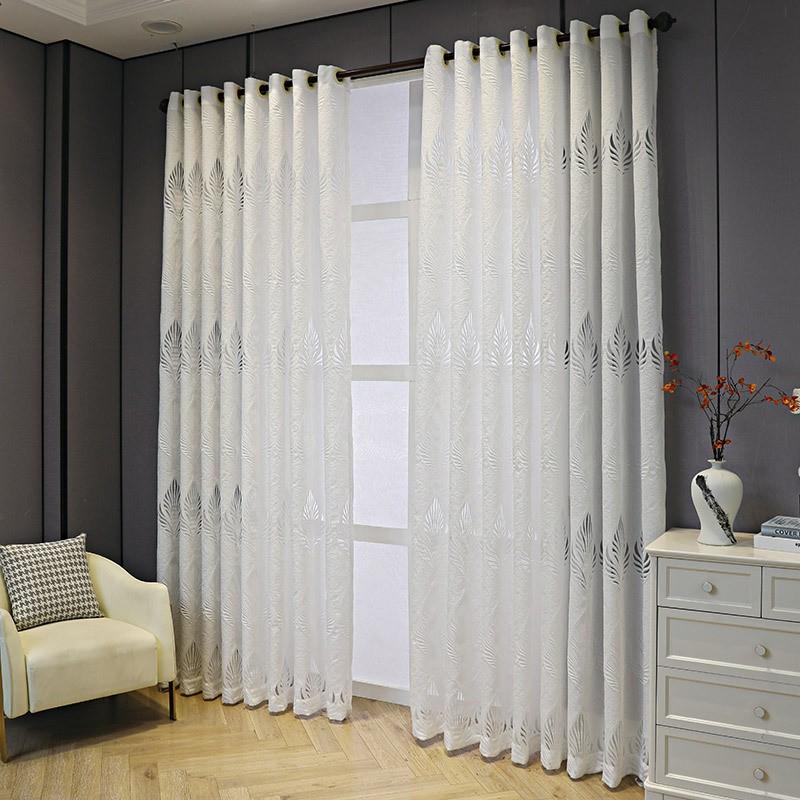 Nordic Style White Sheer Curtain With Leaf Cutout Semi-Sheer Living Room Bedroom Balcony