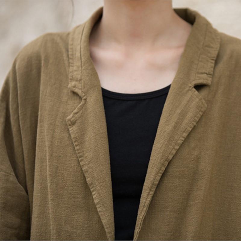 Johnature Women Vintage Ramie Cotton Tailored Coat Solid Color Long Sleeve Pockets Clothes Autumn Loose Coats