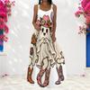 Women Plus Size Scoop Neck Strappy Sleeveless A Line Long Dress Cartoon Bear Pumpkin Printed