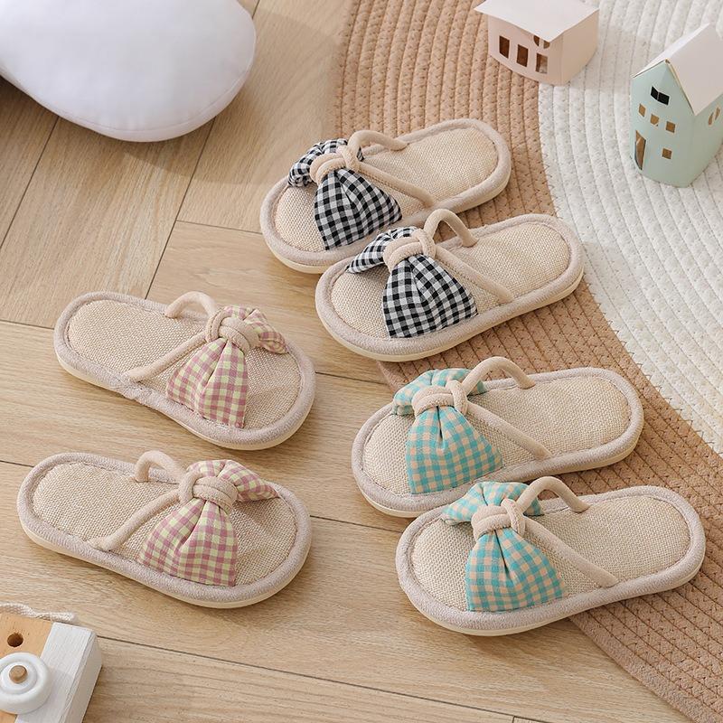 Children's Linen Spring and Autumn Girls Home Non-slip Thick Bottom Four Seasons Household Children Hollow Baby Floor Slippers