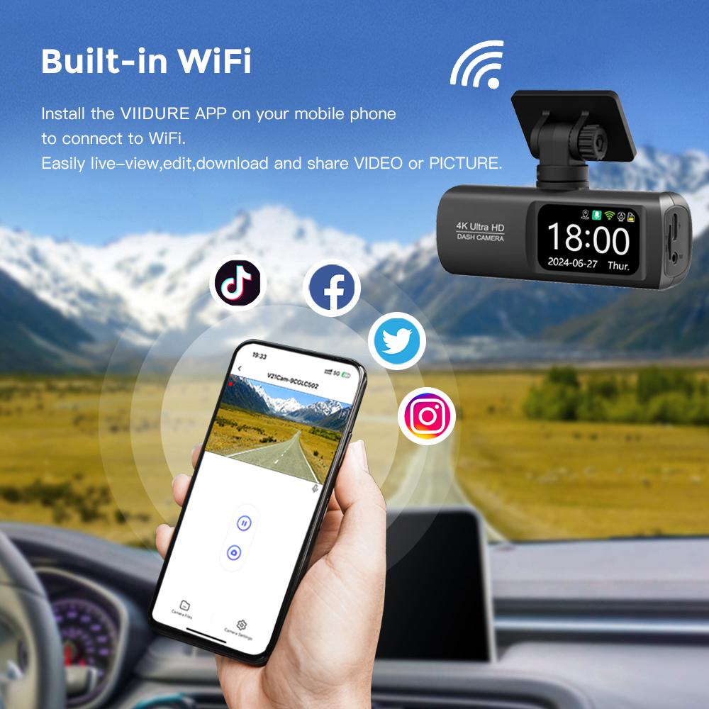 4K Ultra HD Dual Lens Auto Dash Recorder, Super Wide Angle Night Vision, Front Rear Recording with WiFi & Built-in GPS Module