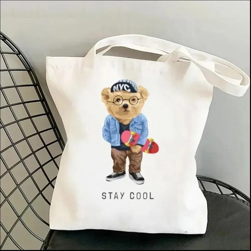 Harajuku Cute Bear Art Shoulder Bags Kawaii Tote Handbag Canvas Girl Environmental Large Capacity Portable Shopping Bag