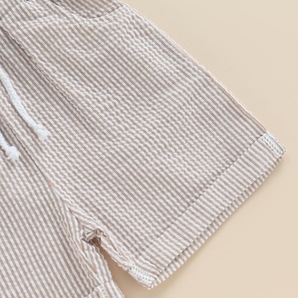 Kids Boys Summer 2-Piece Outfits Short Sleeve Button-Down T-Shirt and Elastic Vertical Stripe Shorts Set