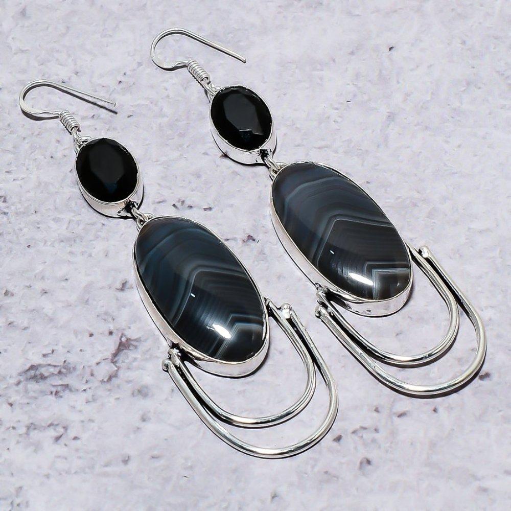 Banded Agate, Spinel Gemstone Handmade 925 Sterling Silver Earring 3.59" i9C81